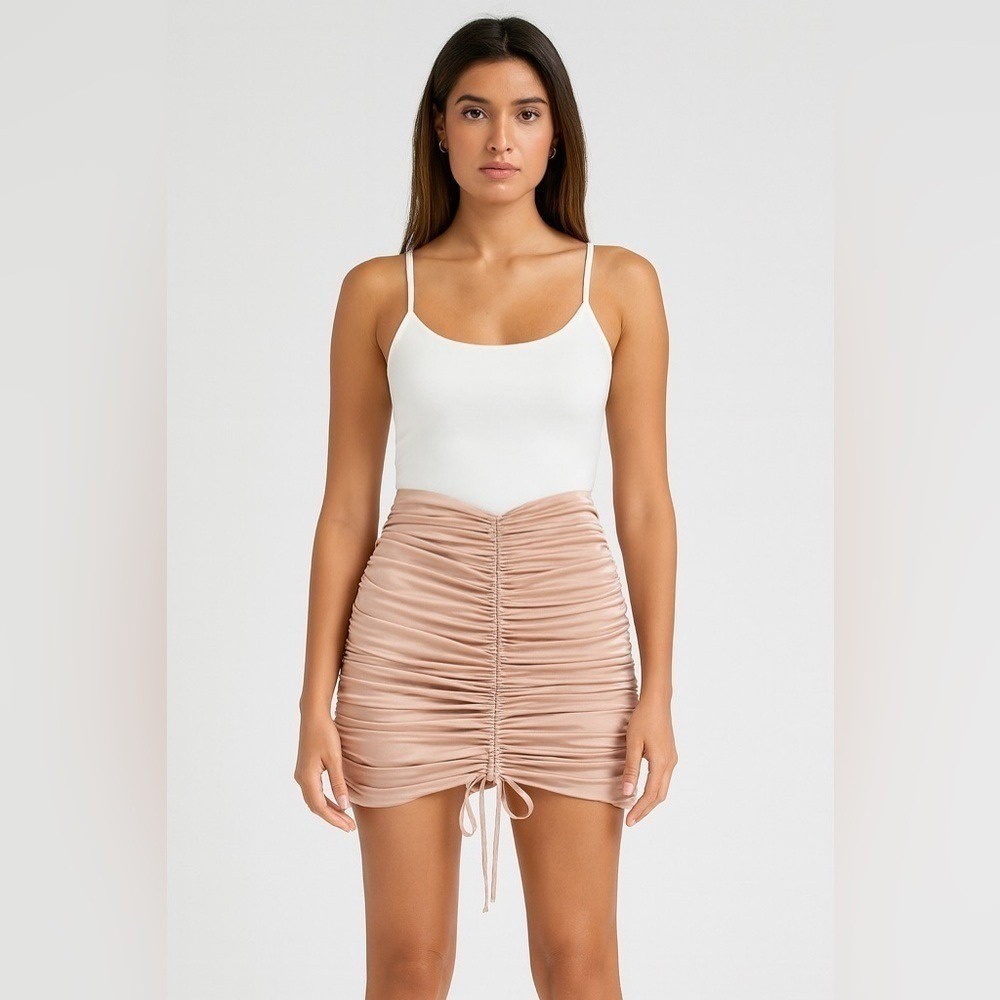 Michael Costello x REVOLVE Champagne Ruched Satin Mini Skirt XL Party Going Out